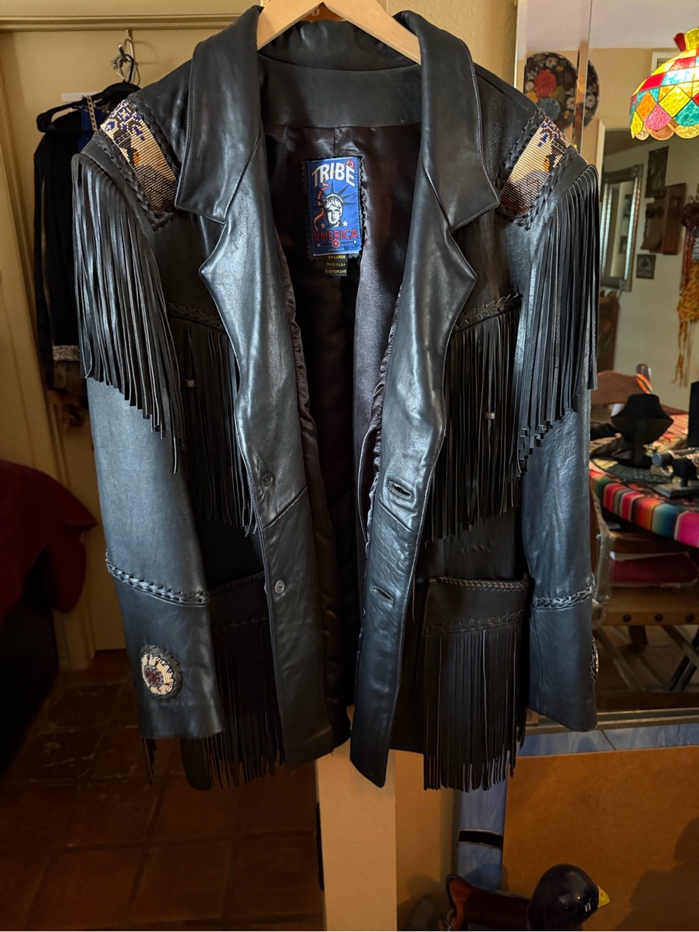 Black Leather Fringe & Beaded Tribe America Jacket